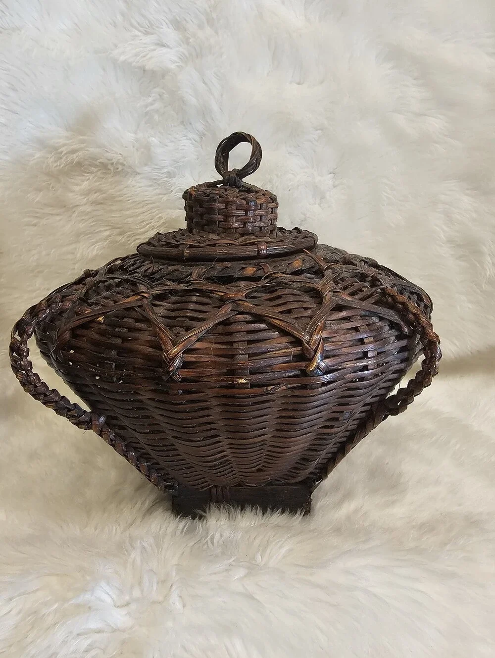 Vintage Philippines Wicker Rattan Lidded Basket Boho Home Decor